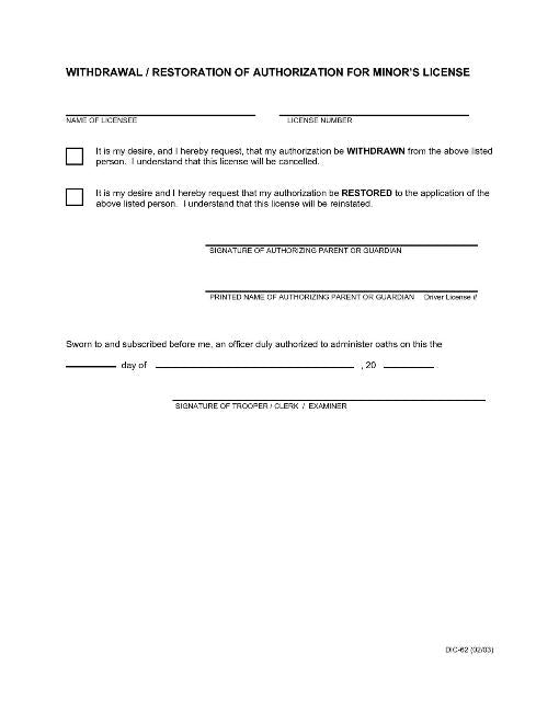 DIC-62 Withdrawal / Restoration for Minor's License