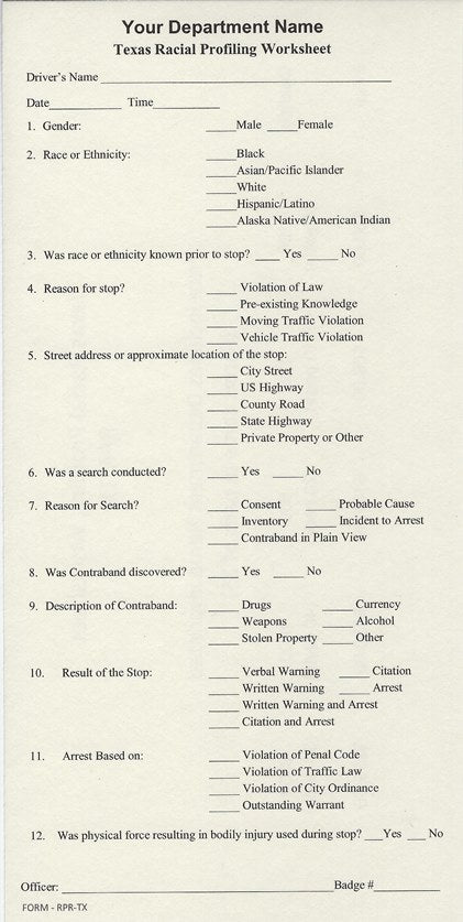Texas Racial Profiling Worksheet