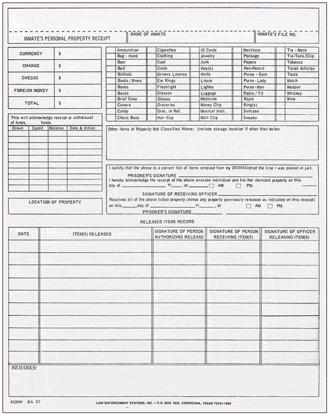 Inmate's Personal Property Receipt